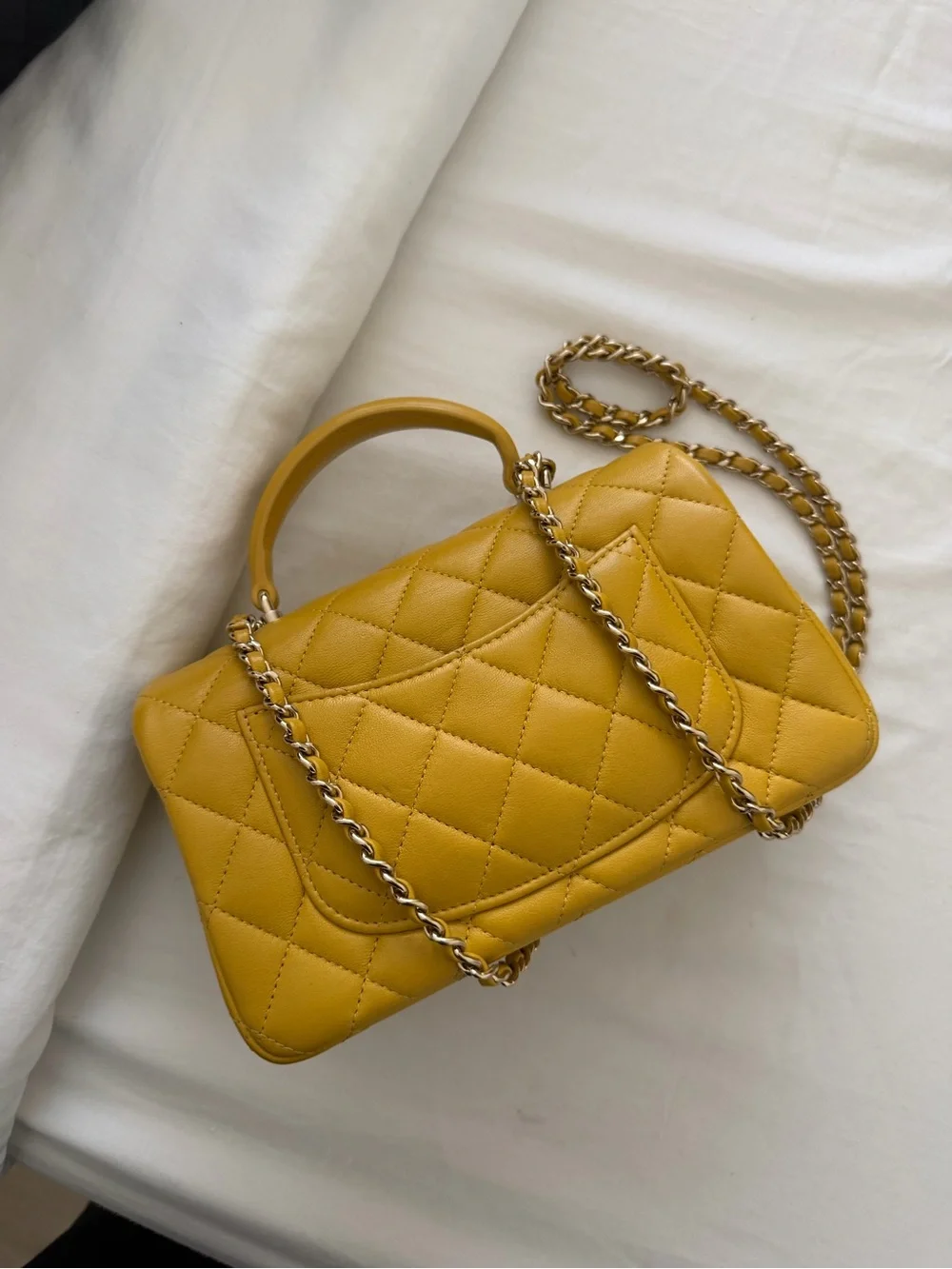CHANEL Yellow Quilted Top-Handle Shoulder Bag with Chain Strap